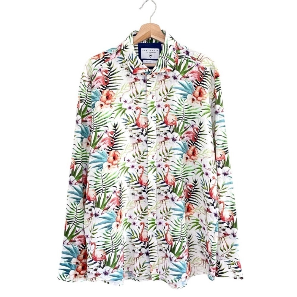 Ron Tomson Tailored Fit Cotton Linen Button Down Shirt Floral Flamingo 2XL 35-36